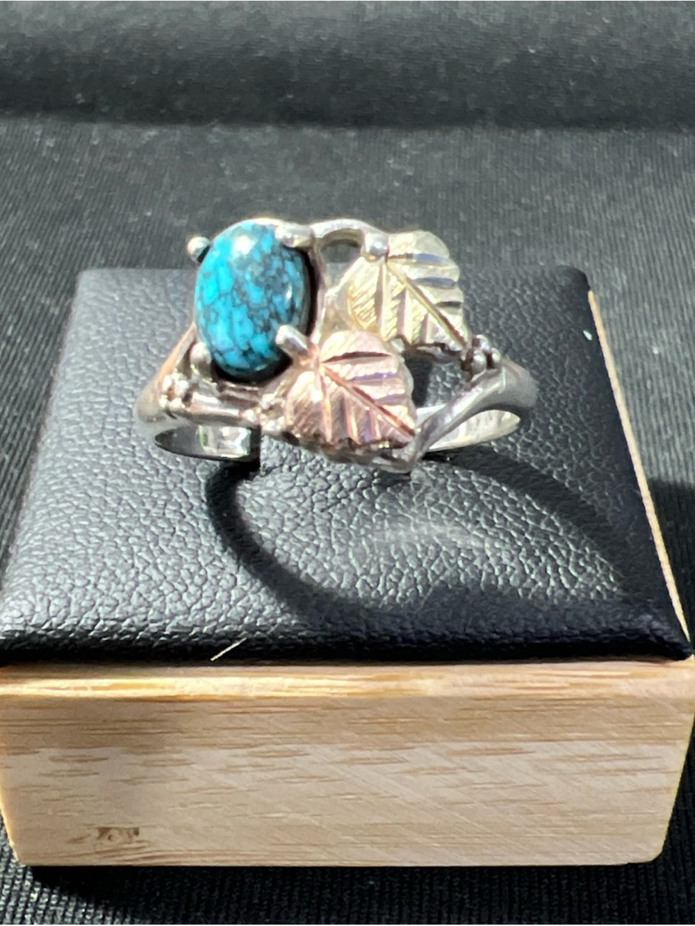 Vintage Black Hills Gold Turquoise 925 Sterling 12k Gold Leaf Accents Ring Sz 8